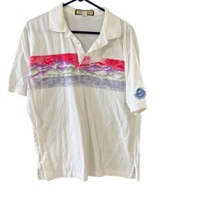 South Shore Vintage 70s Mens White Mountain Graphic Polo Shirt Black Lake Golf L